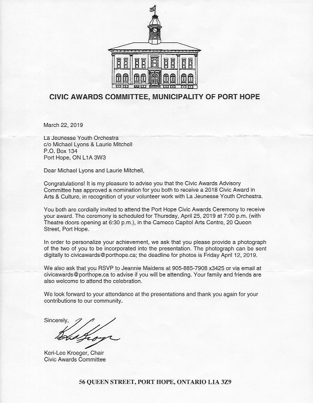 2019 Civic Award letter, Arts & Culture